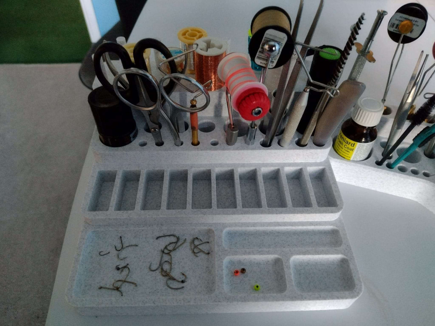 Fly Tying Bench and Organiser - Bobbin Pins, Hook and Bead Trays and holders for tools